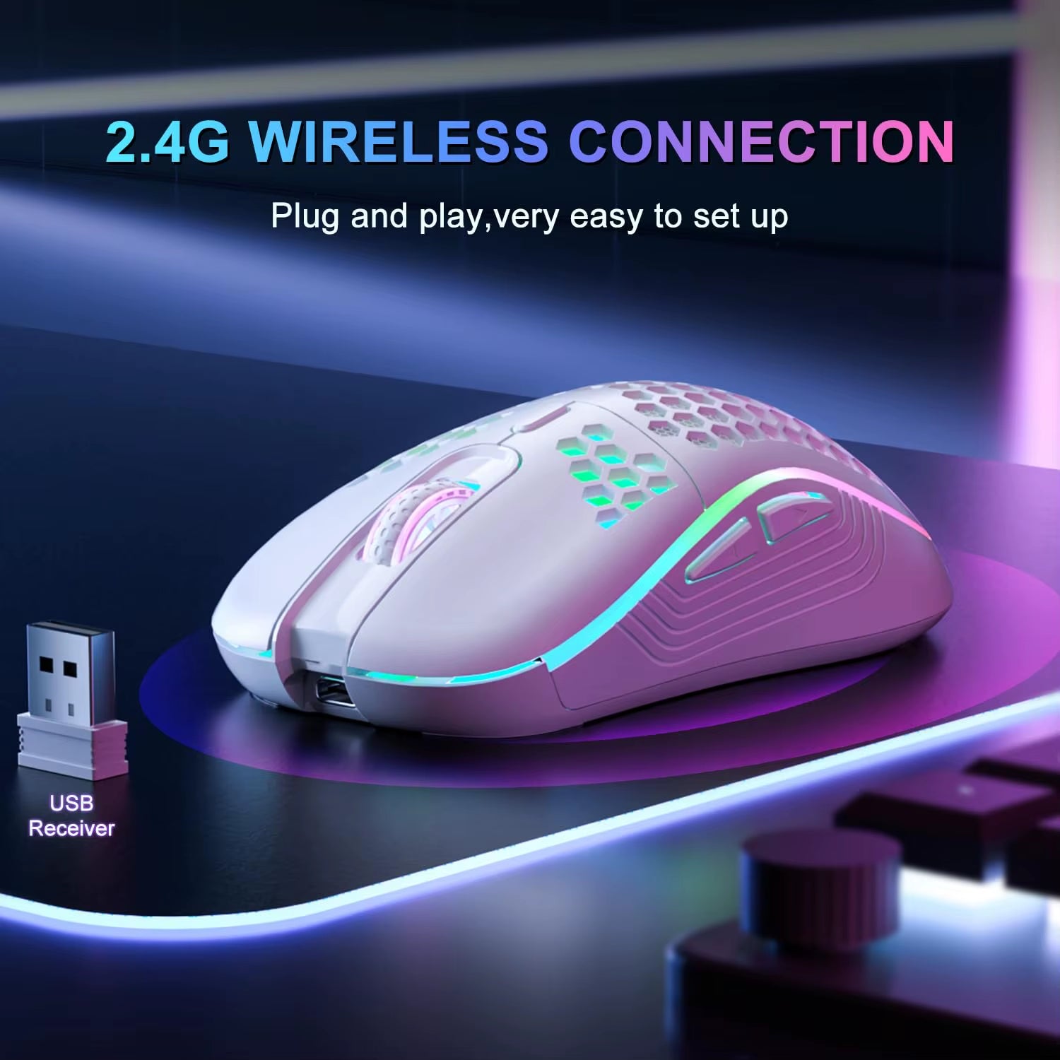 RGB Ergonomic 2.4G Wireless Gaming Mouse - Rechargeable Honeycomb Design with 6 Buttons & 3-Speed DPI