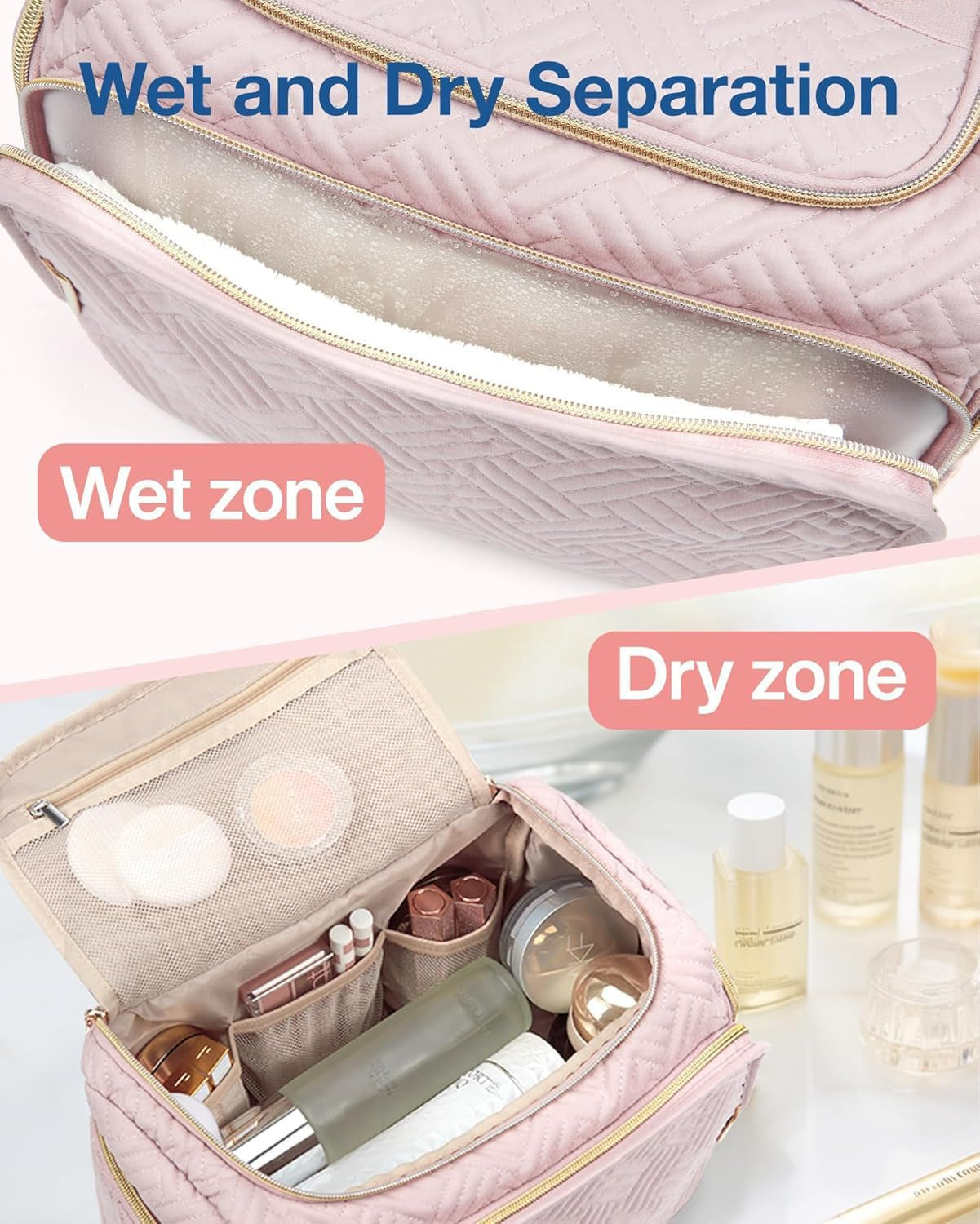 Travel Toiletry Bag for Women, Cosmetic Bag Makeup Bag Organizer with Handle, Travel Bag for Toiletries, Travel Accessories, Full Sized Container